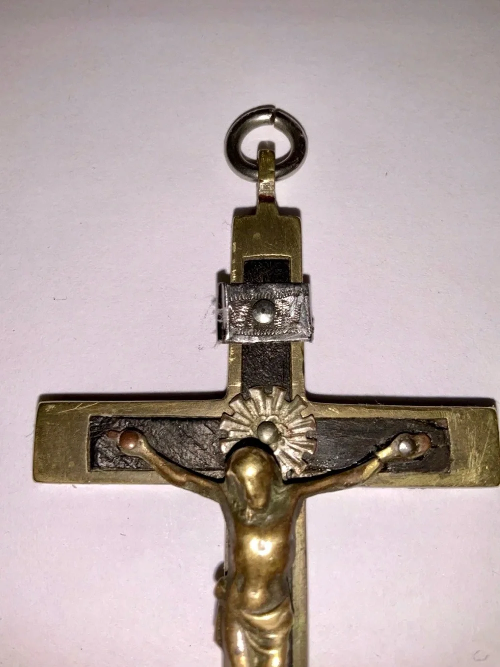 Antique Victorian Pectoral Crucifix Cross Ebony Inlay Memento Mori 3.75”